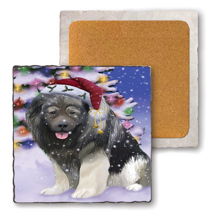 Winterland Wonderland Caucasian Shepherd Dog In Christmas Holiday Scenic Background Set of 4 Natural Stone Marble Tile Coasters MCST50696