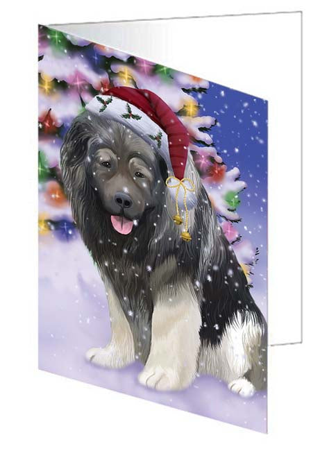 Winterland Wonderland Caucasian Shepherd Dog In Christmas Holiday Scenic Background Handmade Artwork Assorted Pets Greeting Cards and Note Cards with Envelopes for All Occasions and Holiday Seasons GCD71603