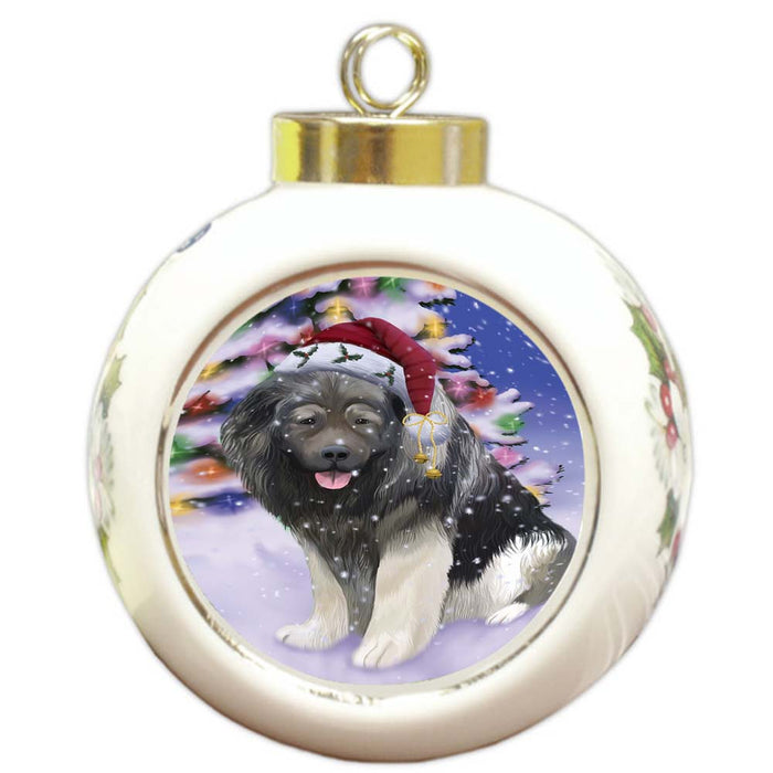 Winterland Wonderland Caucasian Shepherd Dog In Christmas Holiday Scenic Background Round Ball Christmas Ornament RBPOR56052