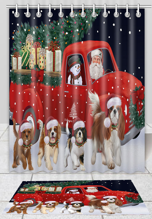 Christmas Express Delivery Red Truck Running Cavalier King Charles Spaniel Dogs Bath Mat and Shower Curtain Combo