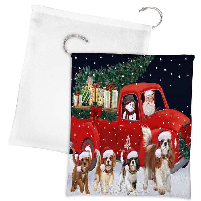 Christmas Express Delivery Red Truck Running Cavalier King Charles Spaniel Dogs Drawstring Laundry or Gift Bag LGB48888