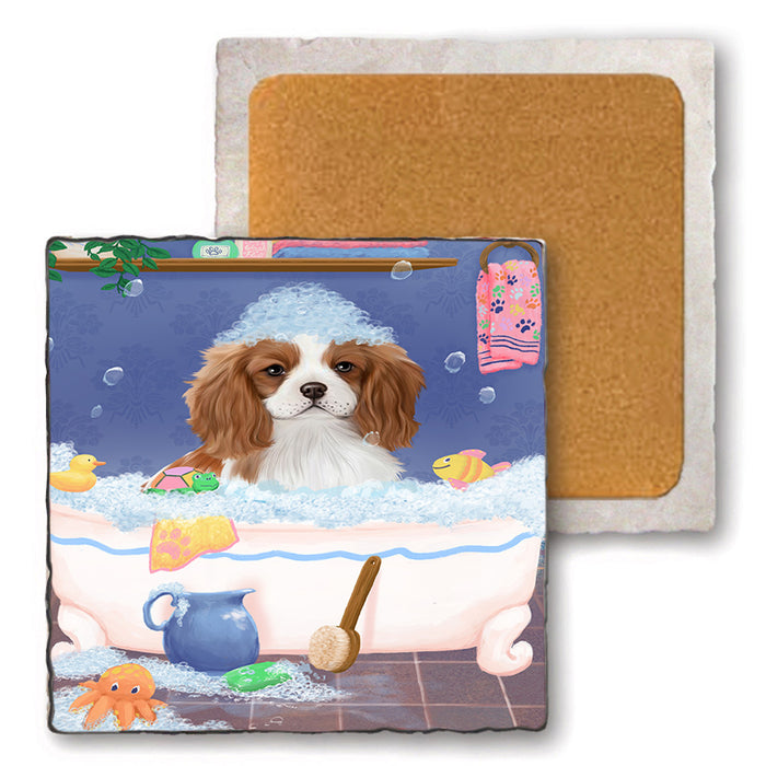 Rub A Dub Dog In A Tub Cavalier King Charles Spaniel Dog Set of 4 Natural Stone Marble Tile Coasters MCST52335