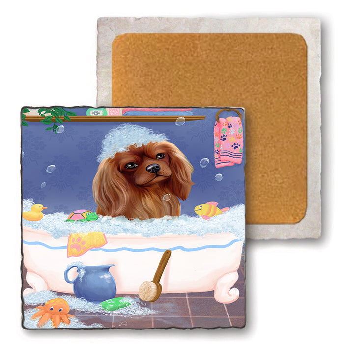 Rub A Dub Dog In A Tub Cavalier King Charles Spaniel Dog Set of 4 Natural Stone Marble Tile Coasters MCST52336