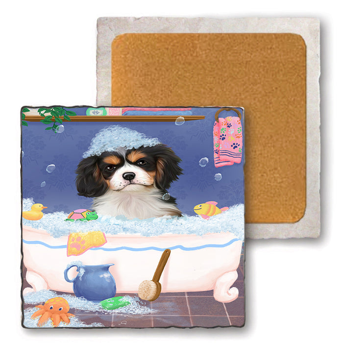 Rub A Dub Dog In A Tub Cavalier King Charles Spaniel Dog Set of 4 Natural Stone Marble Tile Coasters MCST52337