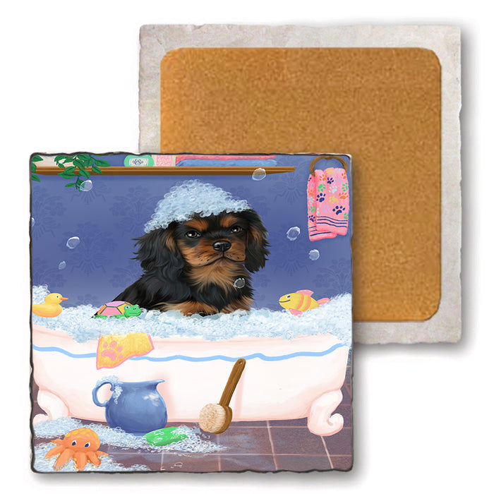 Rub A Dub Dog In A Tub Cavalier King Charles Spaniel Dog Set of 4 Natural Stone Marble Tile Coasters MCST52338