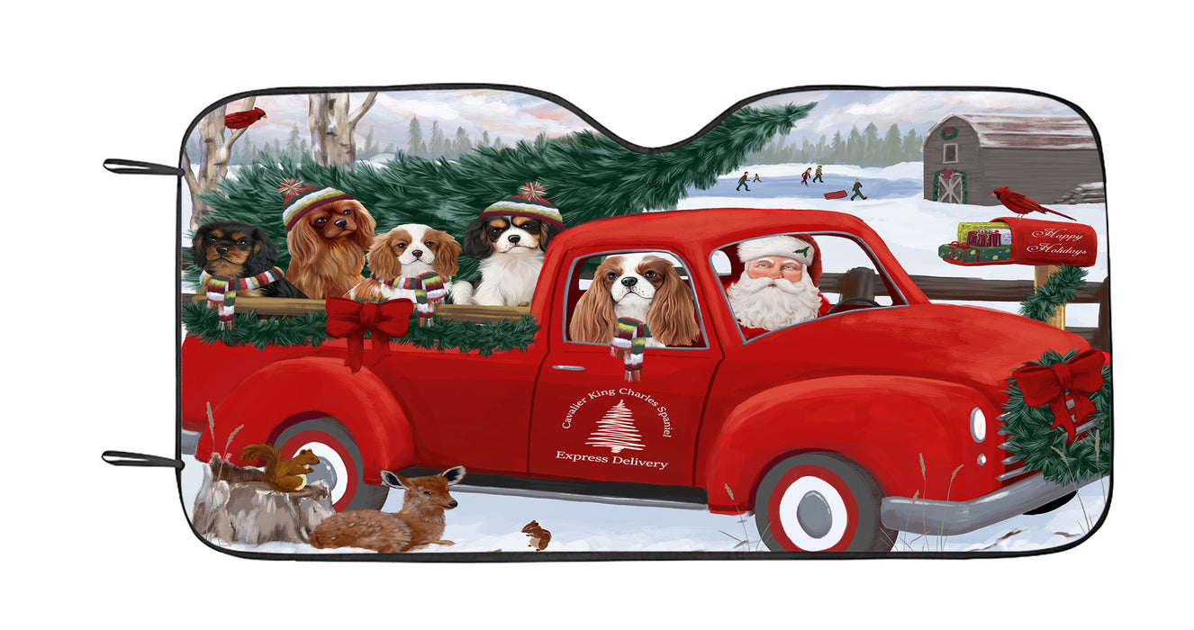 Christmas Santa Express Delivery Red Truck Cavalier King Charles Spaniel Dogs Car Sun Shade