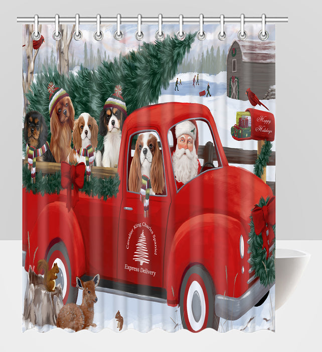 Christmas Santa Express Delivery Red Truck Cavalier King Charles Spaniel Dogs Shower Curtain