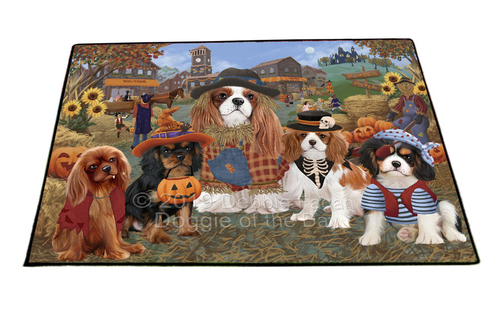 Halloween 'Round Town And Fall Pumpkin Scarecrow Both Cavalier King Charles Spaniel Dogs Floormat FLMS53903