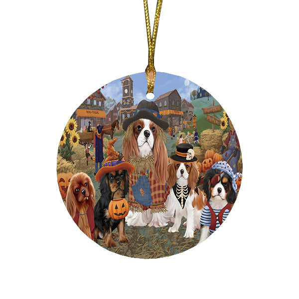 Halloween 'Round Town And Fall Pumpkin Scarecrow Both Cavalier King Charles Spaniel Dogs Round Flat Christmas Ornament RFPOR57390