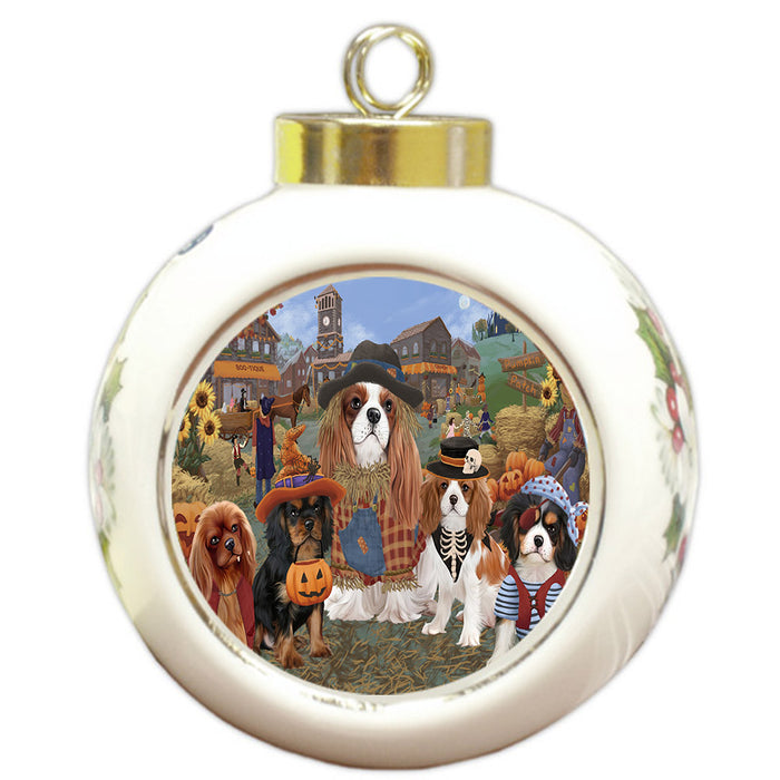 Halloween 'Round Town And Fall Pumpkin Scarecrow Both Cavalier King Charles Spaniel Dogs Round Ball Christmas Ornament RBPOR57390