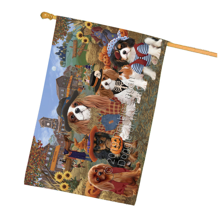 Halloween 'Round Town And Fall Pumpkin Scarecrow Both Cavalier King Charles Spaniel Dogs House Flag FLG65642