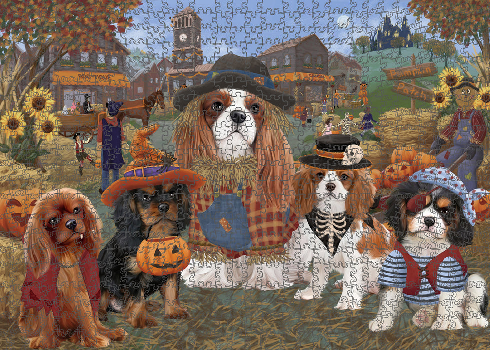 Halloween 'Round Town And Fall Pumpkin Scarecrow Both Cavalier King Charles Spaniel Dogs Puzzle  PUZL96300