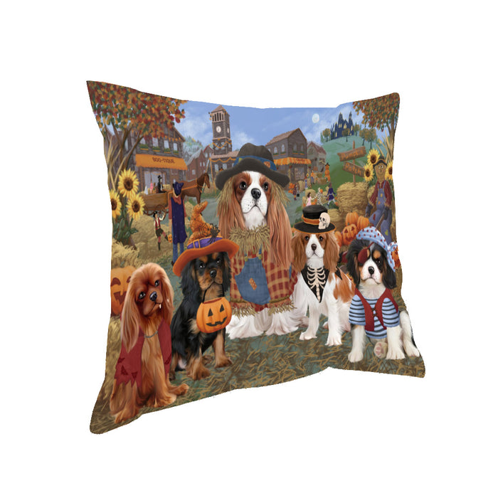 Halloween 'Round Town And Fall Pumpkin Scarecrow Both Cavalier King Charles Spaniel Dogs Pillow PIL82344