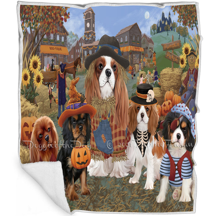 Halloween 'Round Town And Fall Pumpkin Scarecrow Both Cavalier King Charles Spaniel Dogs Blanket BLNKT138836