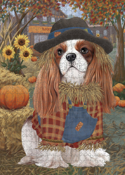 Halloween 'Round Town And Fall Pumpkin Scarecrow Both Cavalier King Charles Spaniel Dogs Puzzle with Photo Tin PUZL96496