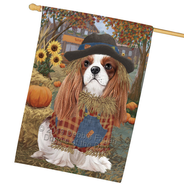 Halloween 'Round Town And Fall Pumpkin Scarecrow Both Cavalier King Charles Spaniel Dogs House Flag FLG65703