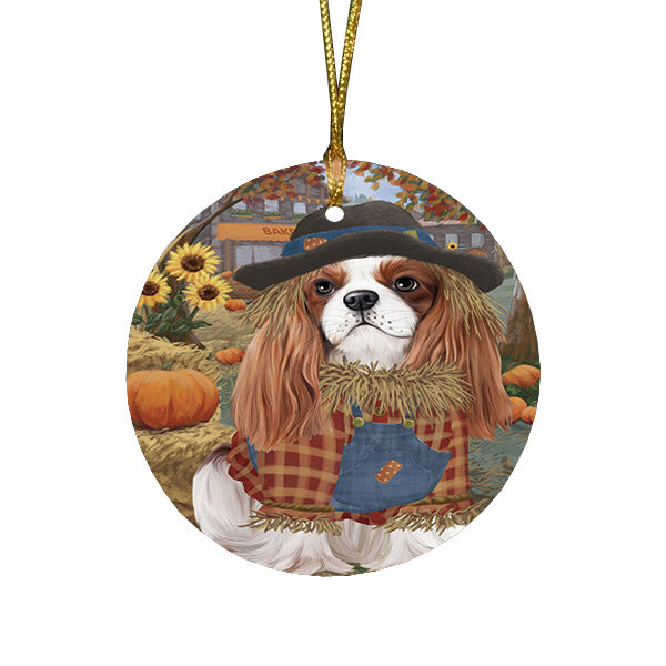 Halloween 'Round Town And Fall Pumpkin Scarecrow Both Cavalier King Charles Spaniel Dogs Round Flat Christmas Ornament RFPOR57451