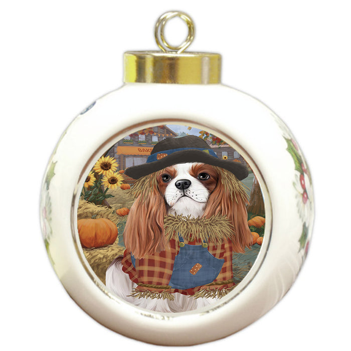 Halloween 'Round Town And Fall Pumpkin Scarecrow Both Cavalier King Charles Spaniel Dogs Round Ball Christmas Ornament RBPOR57451