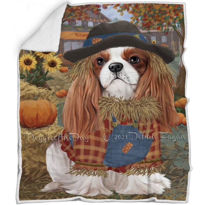 Halloween 'Round Town And Fall Pumpkin Scarecrow Both Cavalier King Charles Spaniel Dogs Blanket BLNKT139385