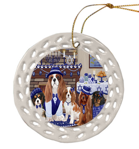 Happy Hanukkah Family Cavalier King Charles Spaniel Dogs Ceramic Doily Ornament DPOR57608