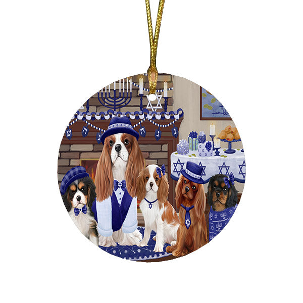Happy Hanukkah Family and Happy Hanukkah Both Cavalier King Charles Spaniel Dogs Round Flat Christmas Ornament RFPOR57512