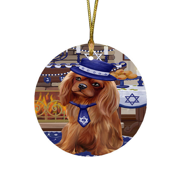 Happy Hanukkah Family and Happy Hanukkah Both Cavalier King Charles Spaniel Dog Round Flat Christmas Ornament RFPOR57568