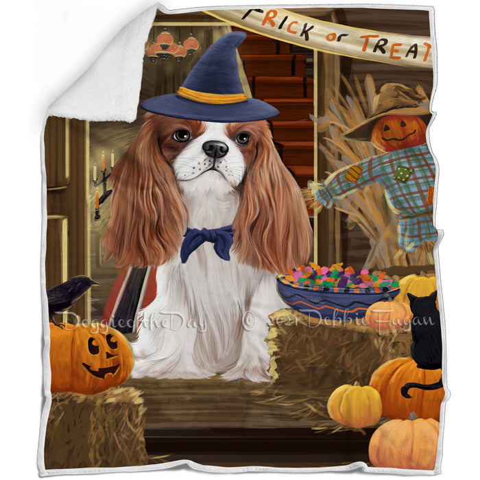Enter at Own Risk Trick or Treat Halloween Cavalier King Charles Spaniel Dog Blanket BLNKT94962