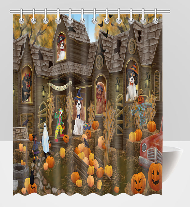 Haunted House Halloween Trick or Treat Cavalier King Charles Spaniel Dogs Shower Curtain