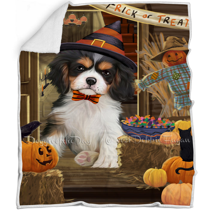 Enter at Own Risk Trick or Treat Halloween Cavalier King Charles Spaniel Dog Blanket BLNKT94998