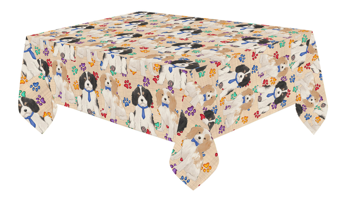 Rainbow Paw Print Cavalier King Charles Spaniel Dogs Blue Cotton Linen Tablecloth