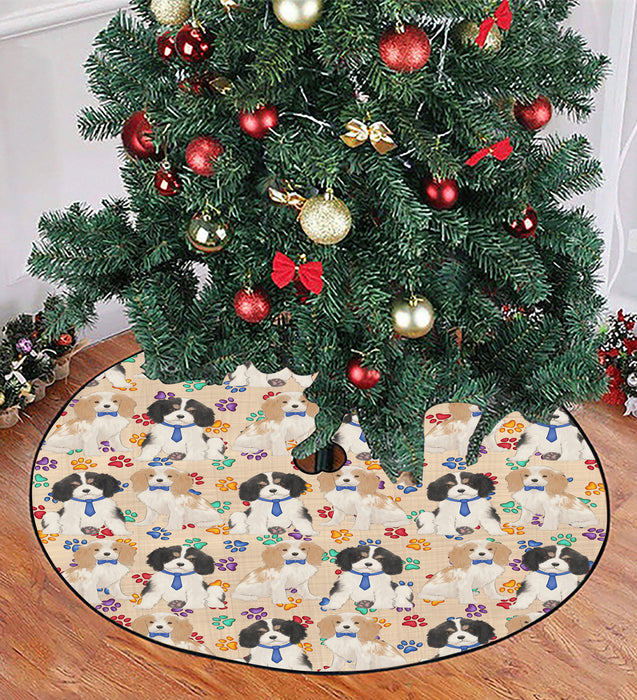 Rainbow Paw Print Cavalier King Charles Spaniel Dogs Blue Christmas Tree Skirt