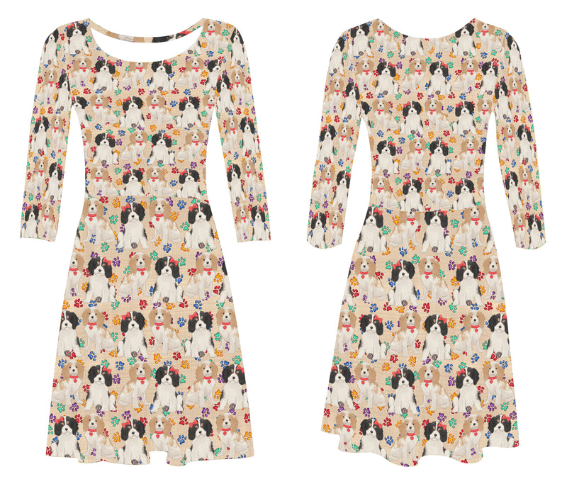 Rainbow Paw Print Cavalier King Charles Spaniel Dogs Red 3/4 Sleeve Sundress