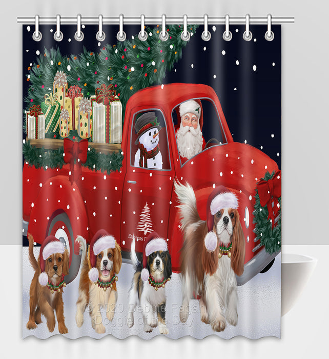 Christmas Express Delivery Red Truck Running Cavalier King Charles Spaniel Dogs Shower Curtain Bathroom Accessories Decor Bath Tub Screens