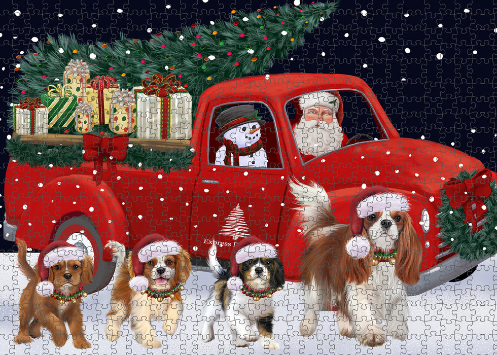 Christmas Express Delivery Red Truck Running Cavalier King Charles Spaniel Dogs Puzzle with Photo Tin PUZL99648