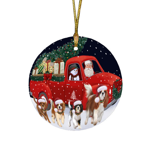 Christmas Express Delivery Red Truck Running Cavalier King Charles Spaniel Dogs Round Flat Christmas Ornament RFPOR57737