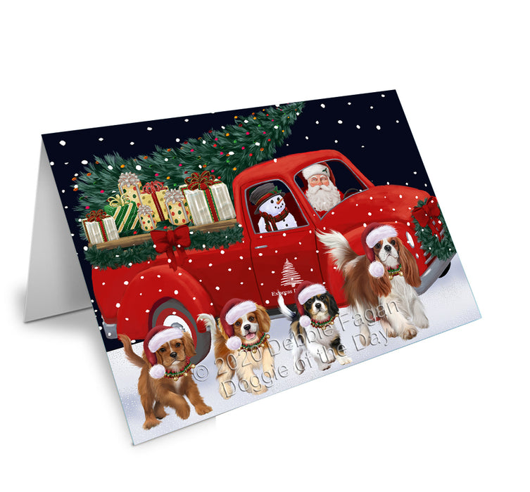 Christmas Express Delivery Red Truck Running Cavalier King Charles Spaniel Dogs Handmade Artwork Assorted Pets Greeting Cards and Note Cards with Envelopes for All Occasions and Holiday Seasons GCD75098