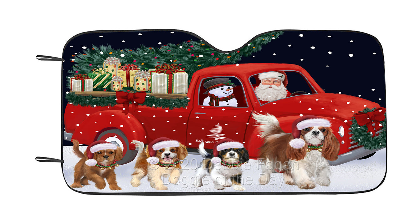 Christmas Express Delivery Red Truck Running Cavalier King Charles Spaniel Dog Car Sun Shade Cover Curtain
