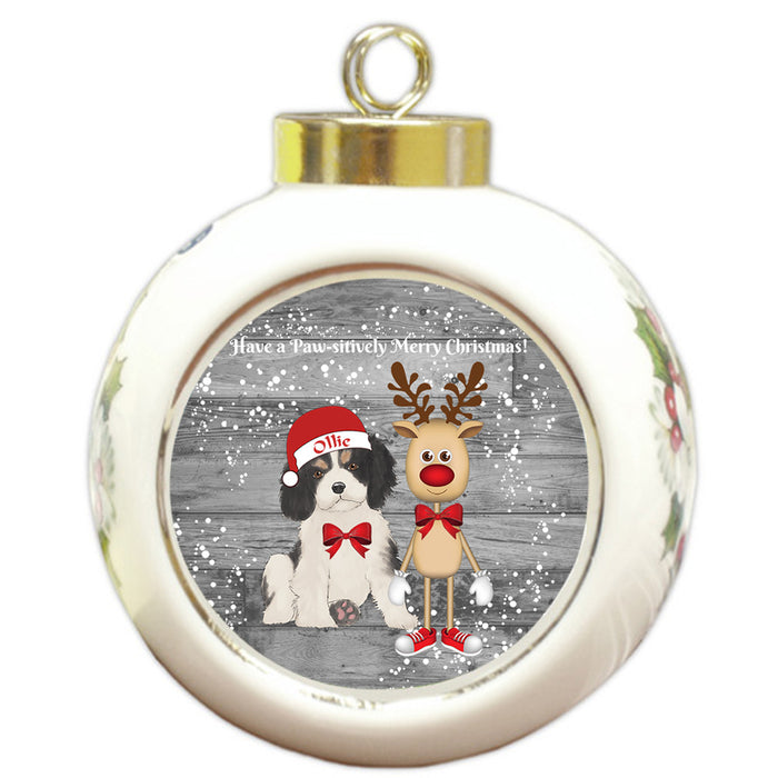 Custom Personalized Cavalier King Charles Spaniel Dog Reindeer and Pooch Christmas Round Ball Ornament