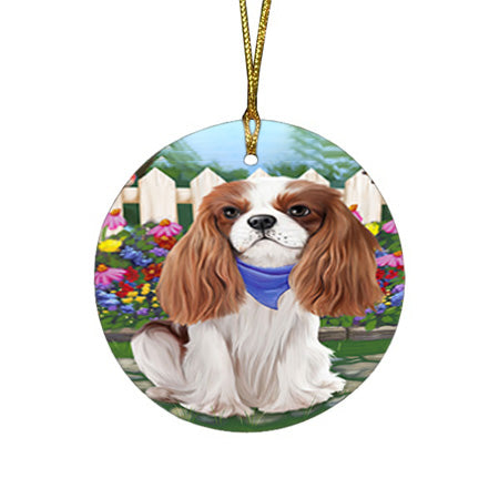 Spring Floral Cavalier King Charles Spaniel Dog Round Flat Christmas Ornament RFPOR49829