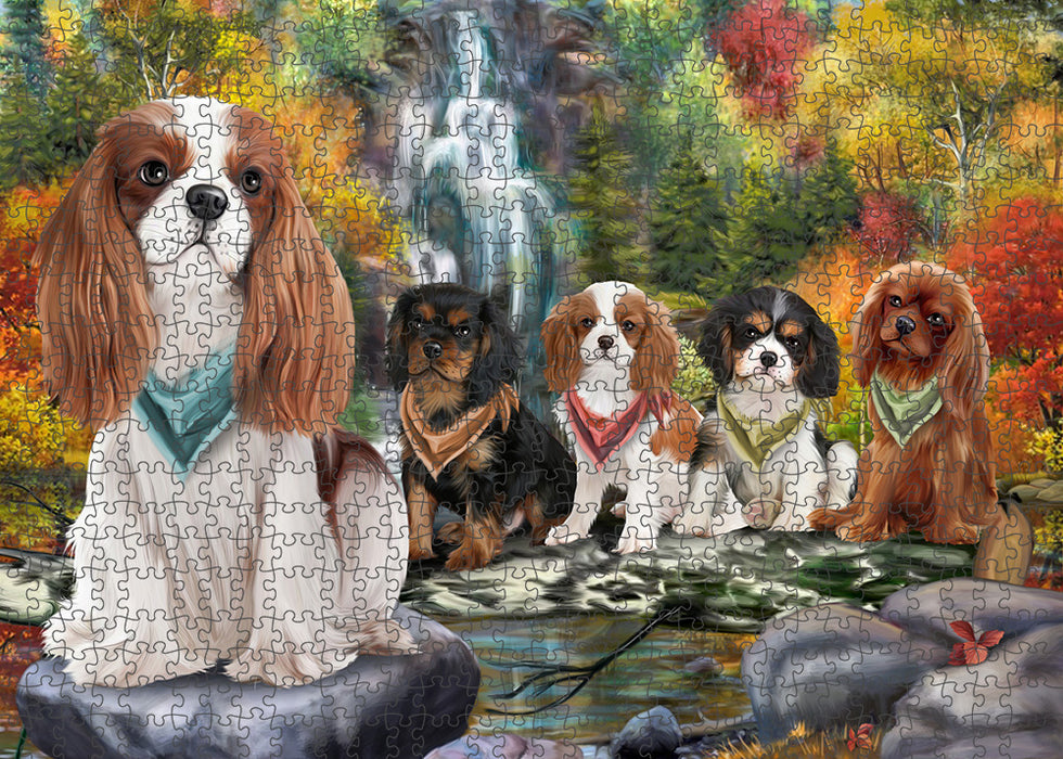 Scenic Waterfall Cavalier King Charles Spaniels Dog Puzzle with Photo Tin PUZL52875