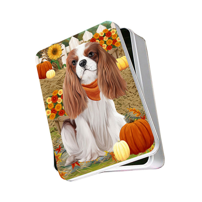 Fall Autumn Greeting Cavalier King Charles Spaniel Dog with Pumpkins Photo Storage Tin PITN50718