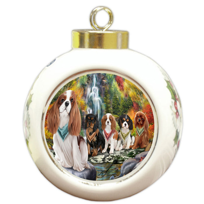 Scenic Waterfall Cavalier King Charles Spaniels Dog Round Ball Christmas Ornament RBPOR49723