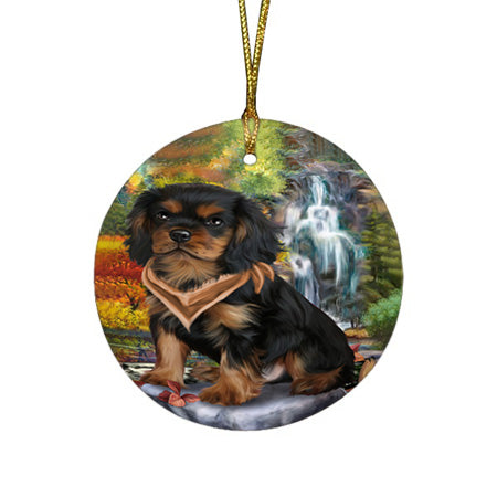 Scenic Waterfall Cavalier King Charles Spaniel Dog Round Flat Christmas Ornament RFPOR49715