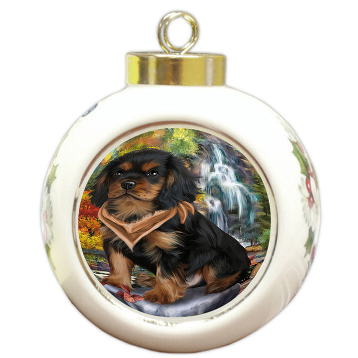 Scenic Waterfall Cavalier King Charles Spaniel Dog Round Ball Christmas Ornament RBPOR49724
