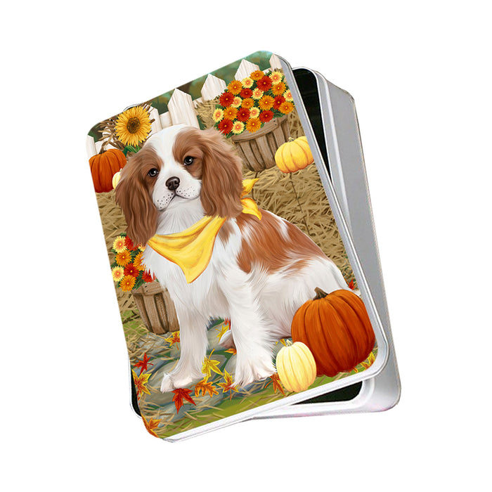Fall Autumn Greeting Cavalier King Charles Spaniel Dog with Pumpkins Photo Storage Tin PITN50719