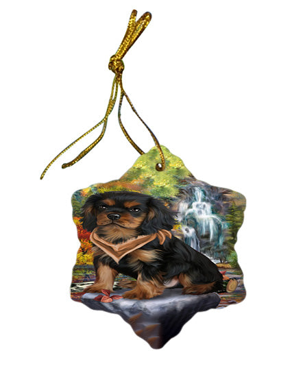 Scenic Waterfall Cavalier King Charles Spaniel Dog Star Porcelain Ornament SPOR49716