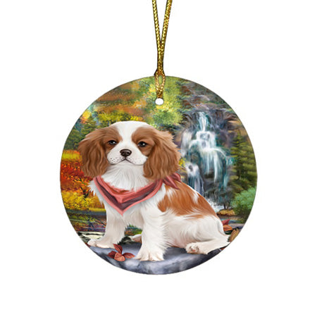 Scenic Waterfall Cavalier King Charles Spaniel Dog Round Flat Christmas Ornament RFPOR49716