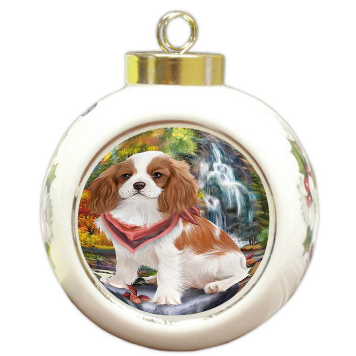 Scenic Waterfall Cavalier King Charles Spaniel Dog Round Ball Christmas Ornament RBPOR49725