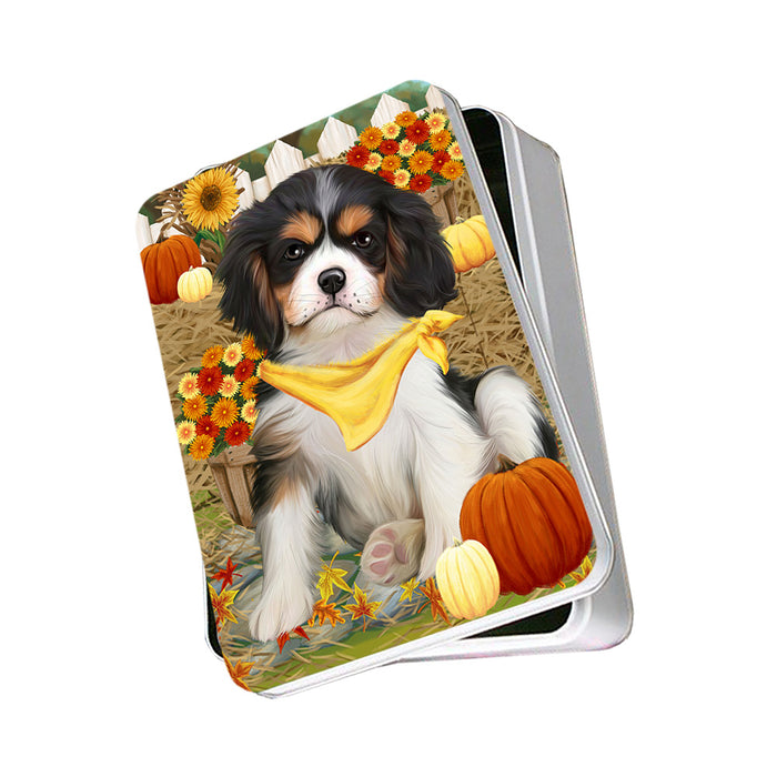 Fall Autumn Greeting Cavalier King Charles Spaniel Dog with Pumpkins Photo Storage Tin PITN50720