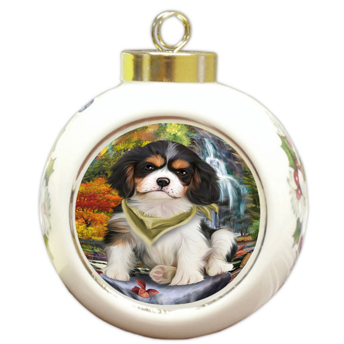 Scenic Waterfall Cavalier King Charles Spaniel Dog Round Ball Christmas Ornament RBPOR49726